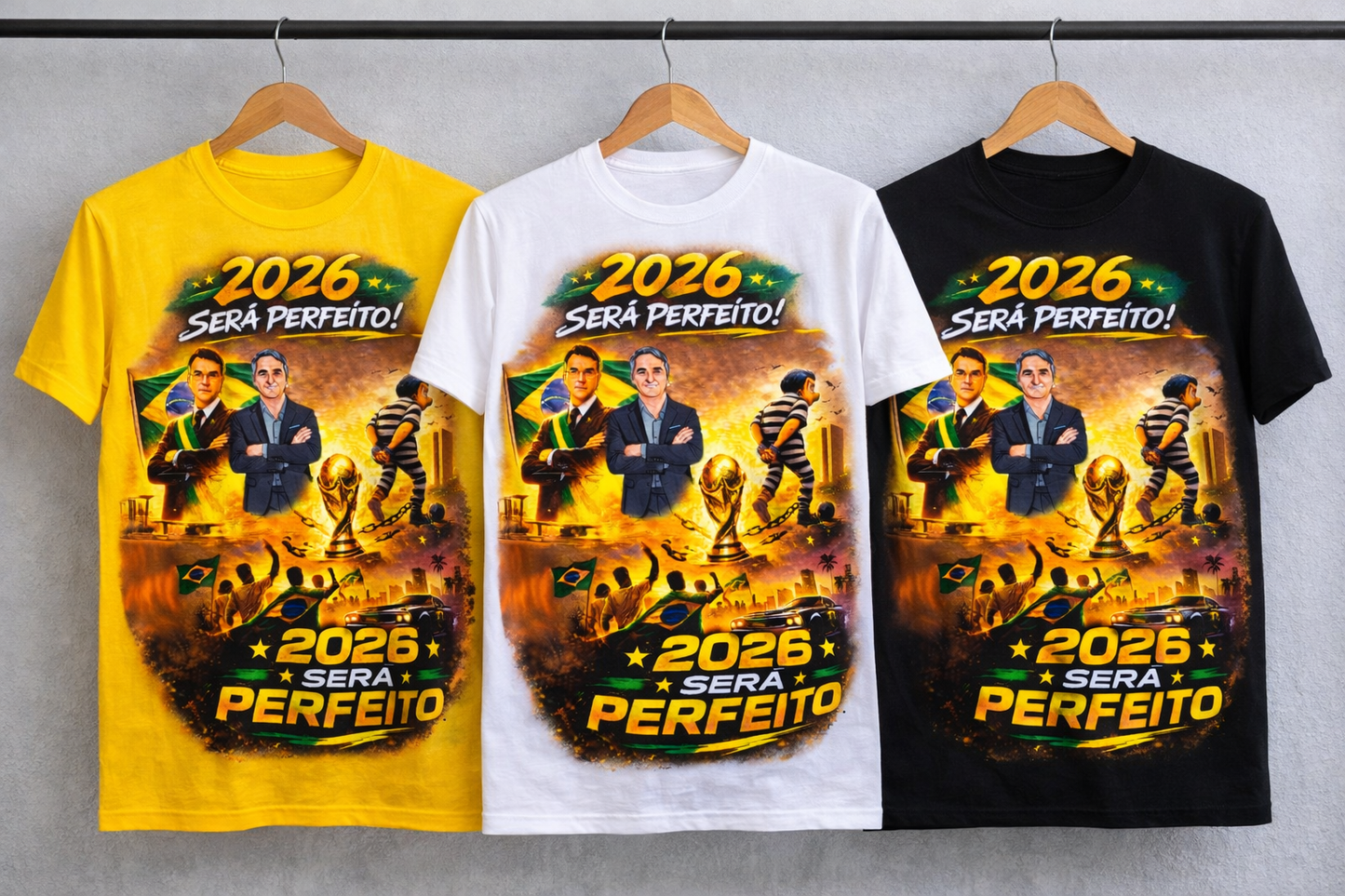 Camiseta 2026 Será Perfeito - Versão Homenagem Flávio Bolsonaro e Renato Bolsonaro + Copa do Mundo + GTA VI - Quality Unissex