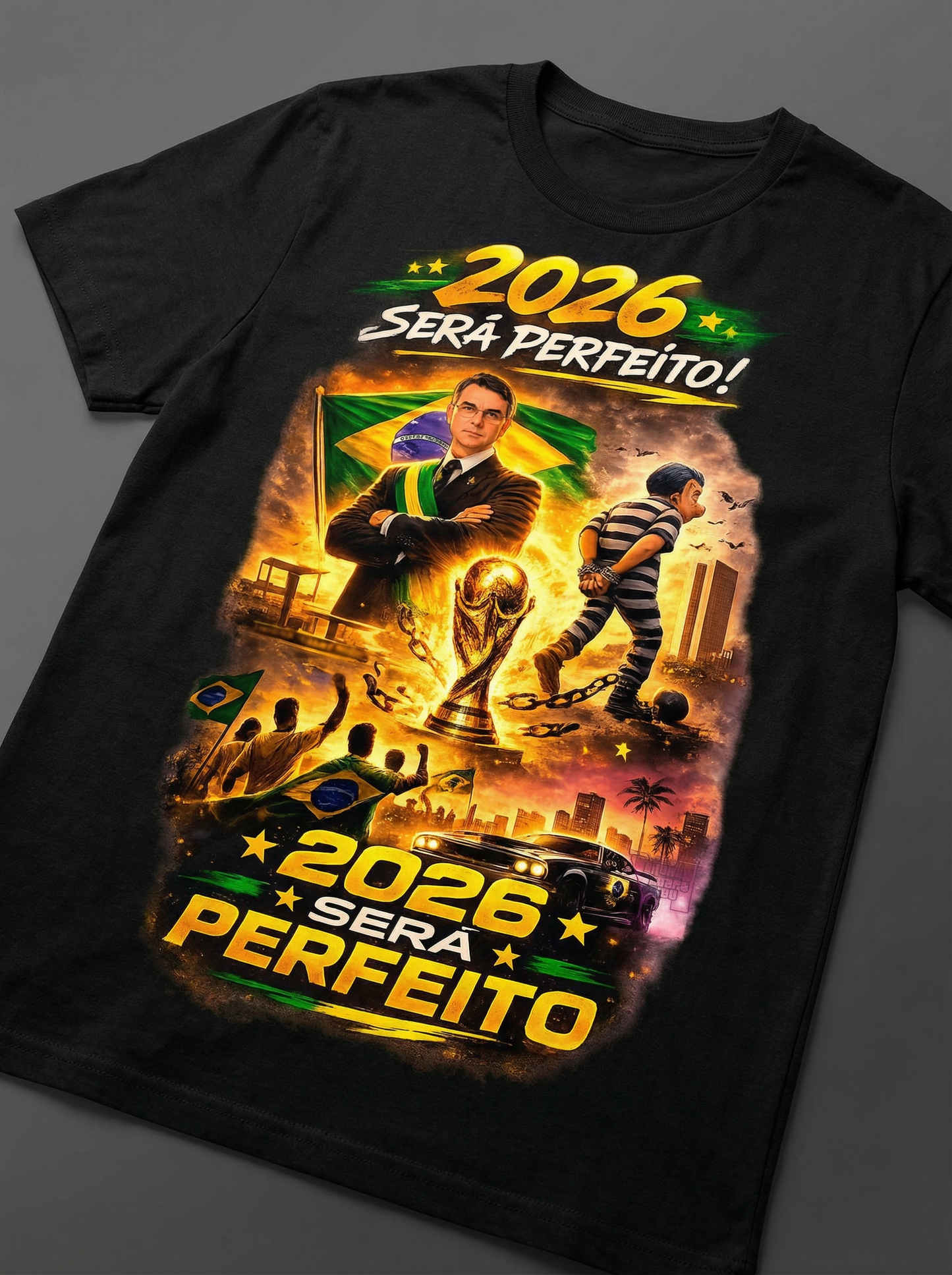 Camiseta 2026 Será Perfeito - Versão Homenagem Flávio Bolsonaro + Copa do Mundo + GTA VI - Quality Unissex