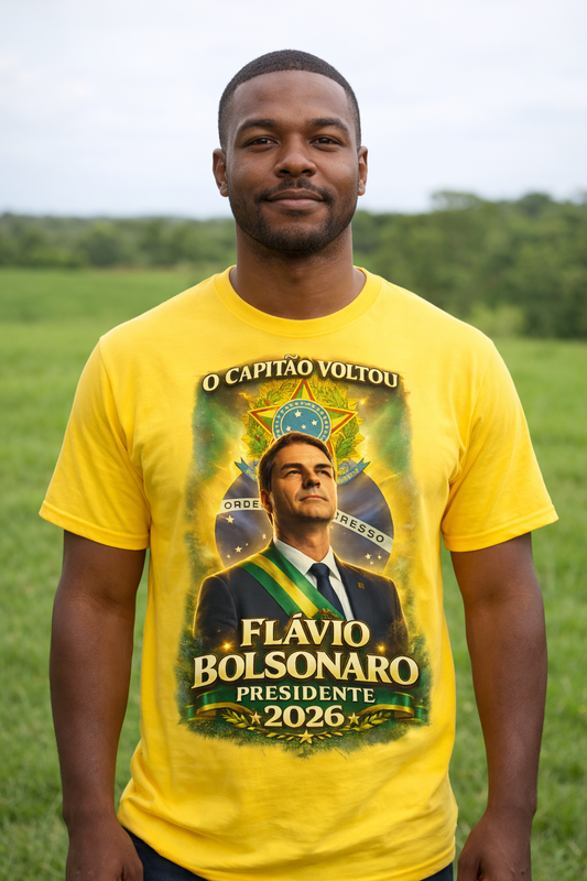 Camiseta - O Capitão Voltou 2026 Flávio Bolsonaro Presidente - Quality Unissex