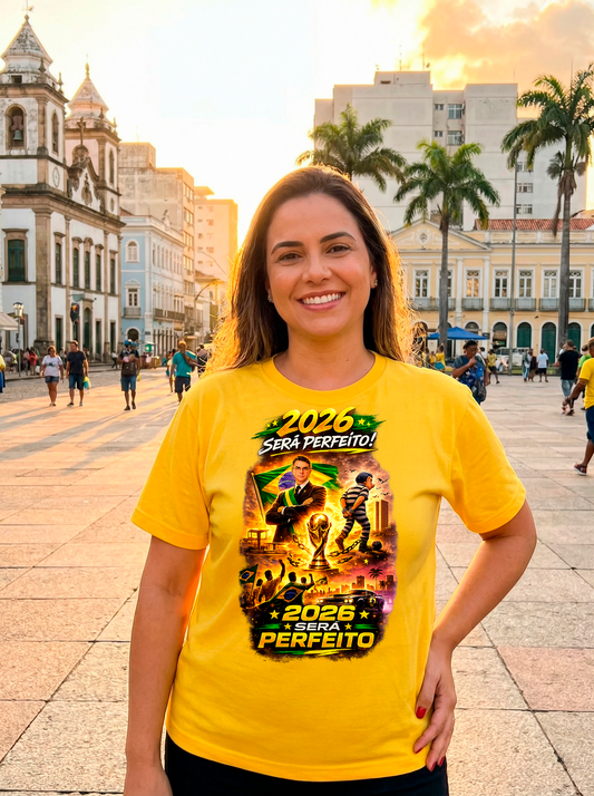 Camiseta 2026 Será Perfeito - Versão Homenagem Flávio Bolsonaro + Copa do Mundo + GTA VI - Quality Unissex