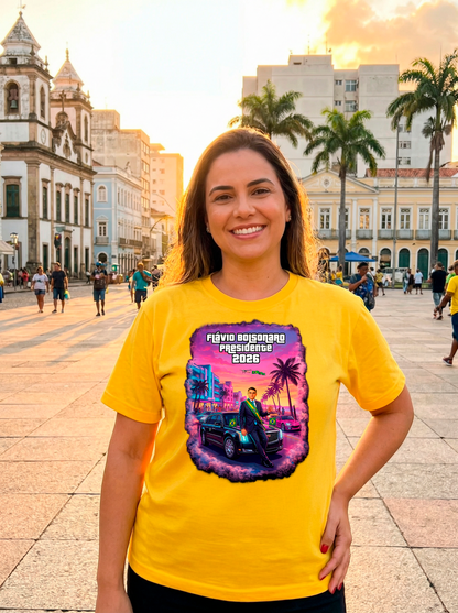 Camiseta Paródia GTA VI - Versão Homenagem Flávio Bolsonaro - Quality Unissex