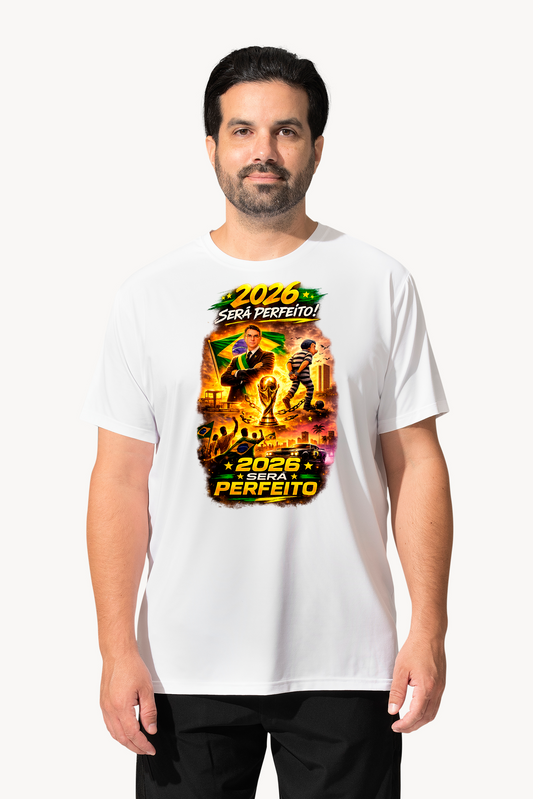 Camiseta 2026 Será Perfeito - Versão Homenagem Flávio Bolsonaro + Copa do Mundo + GTA VI - Quality Unissex