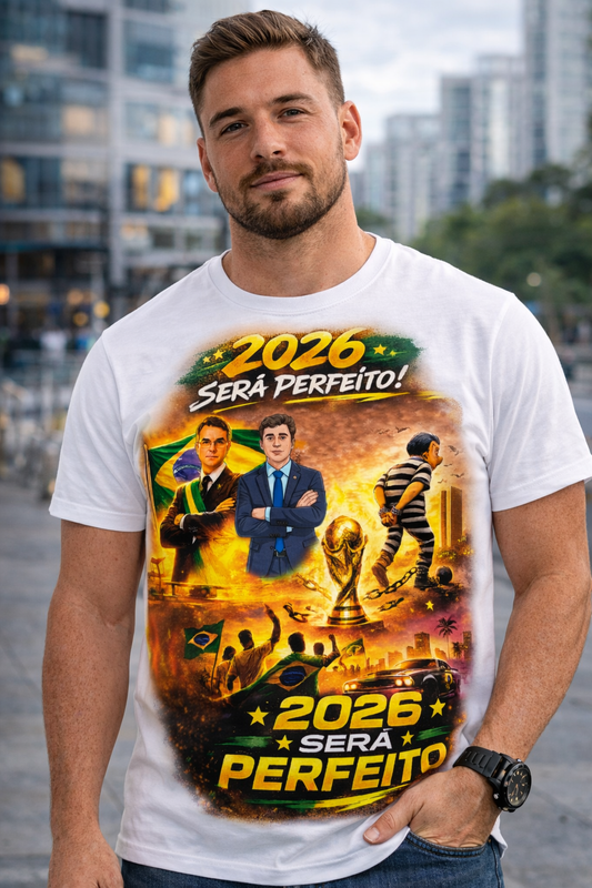 Camiseta 2026 Será Perfeito - Versão Homenagem Flávio Bolsonaro e Nikolas Ferreira + Copa do Mundo + GTA VI - Quality Unissex