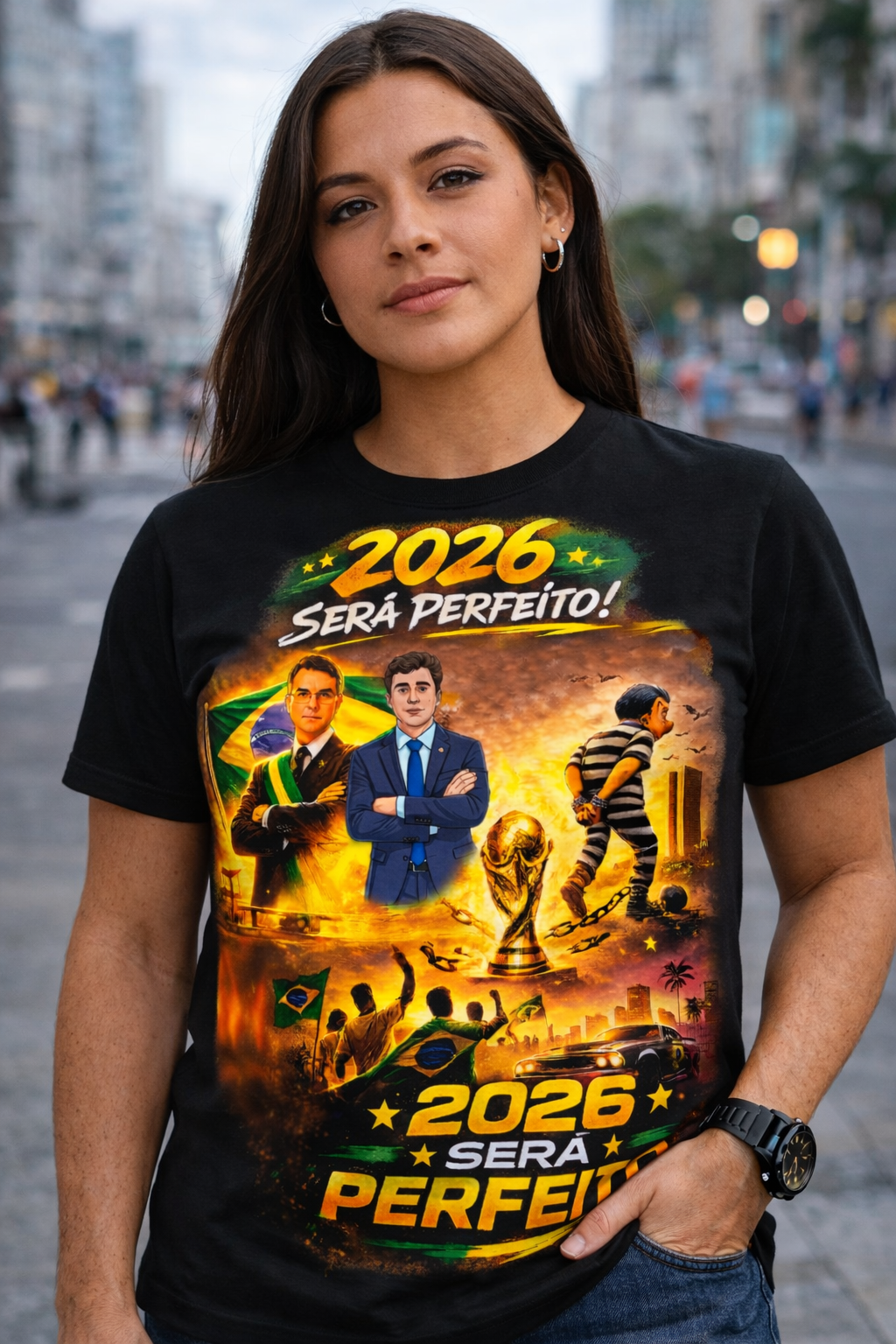 Camiseta 2026 Será Perfeito - Versão Homenagem Flávio Bolsonaro e Nikolas Ferreira + Copa do Mundo + GTA VI - Quality Unissex
