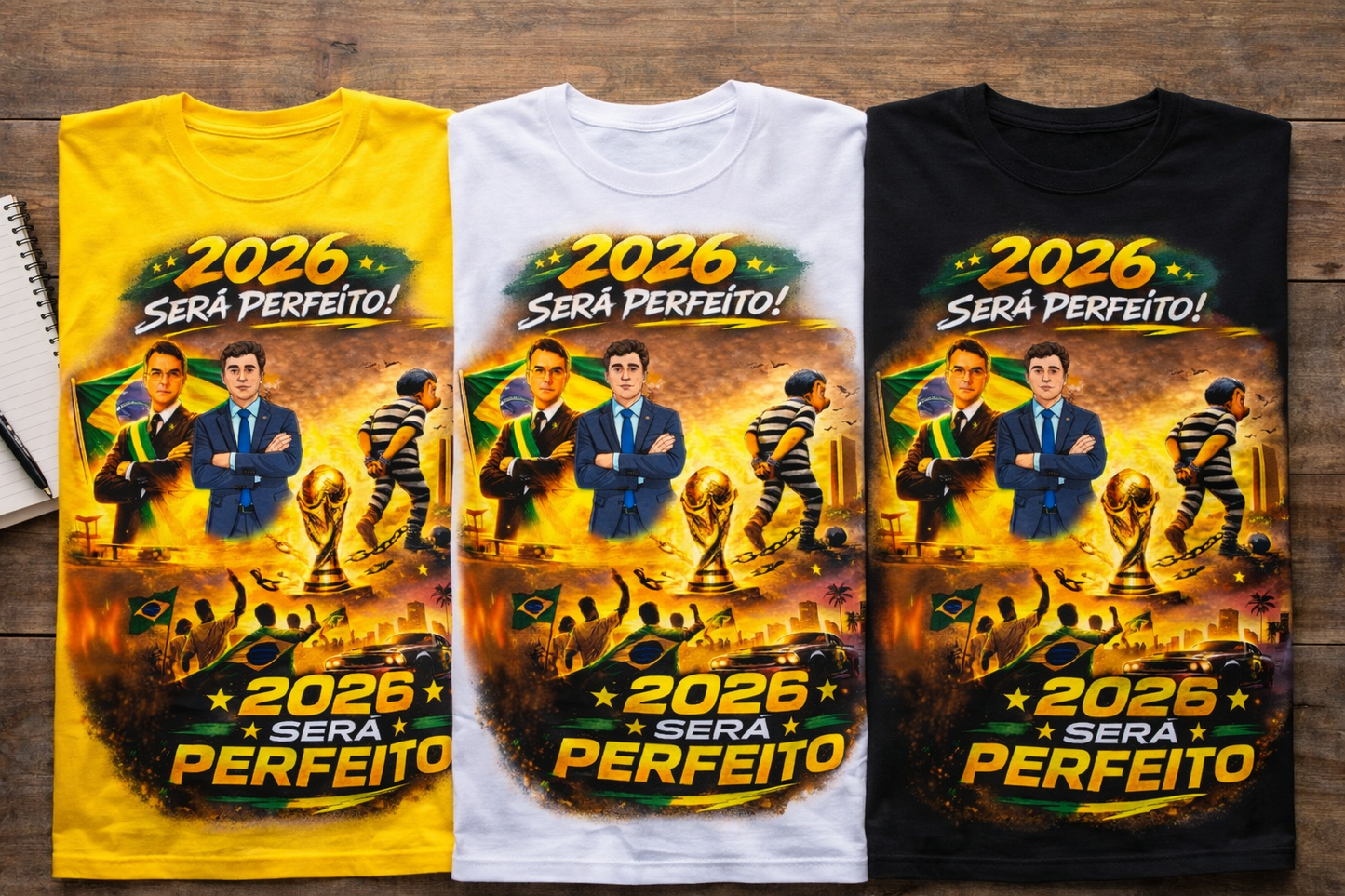 Camiseta 2026 Será Perfeito - Versão Homenagem Flávio Bolsonaro e Nikolas Ferreira + Copa do Mundo + GTA VI - Quality Unissex