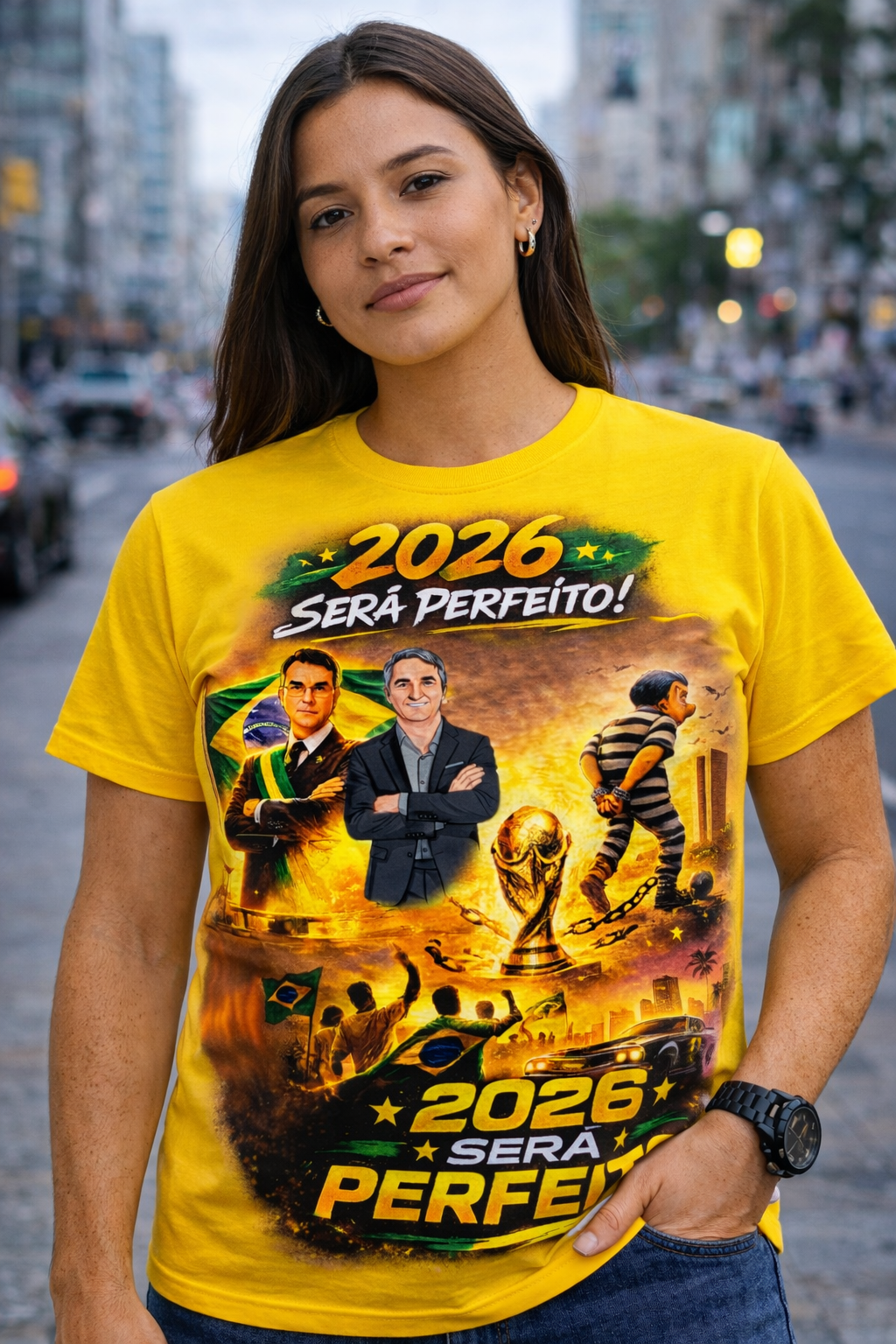 Camiseta 2026 Será Perfeito - Versão Homenagem Flávio Bolsonaro e Renato Bolsonaro + Copa do Mundo + GTA VI - Quality Unissex