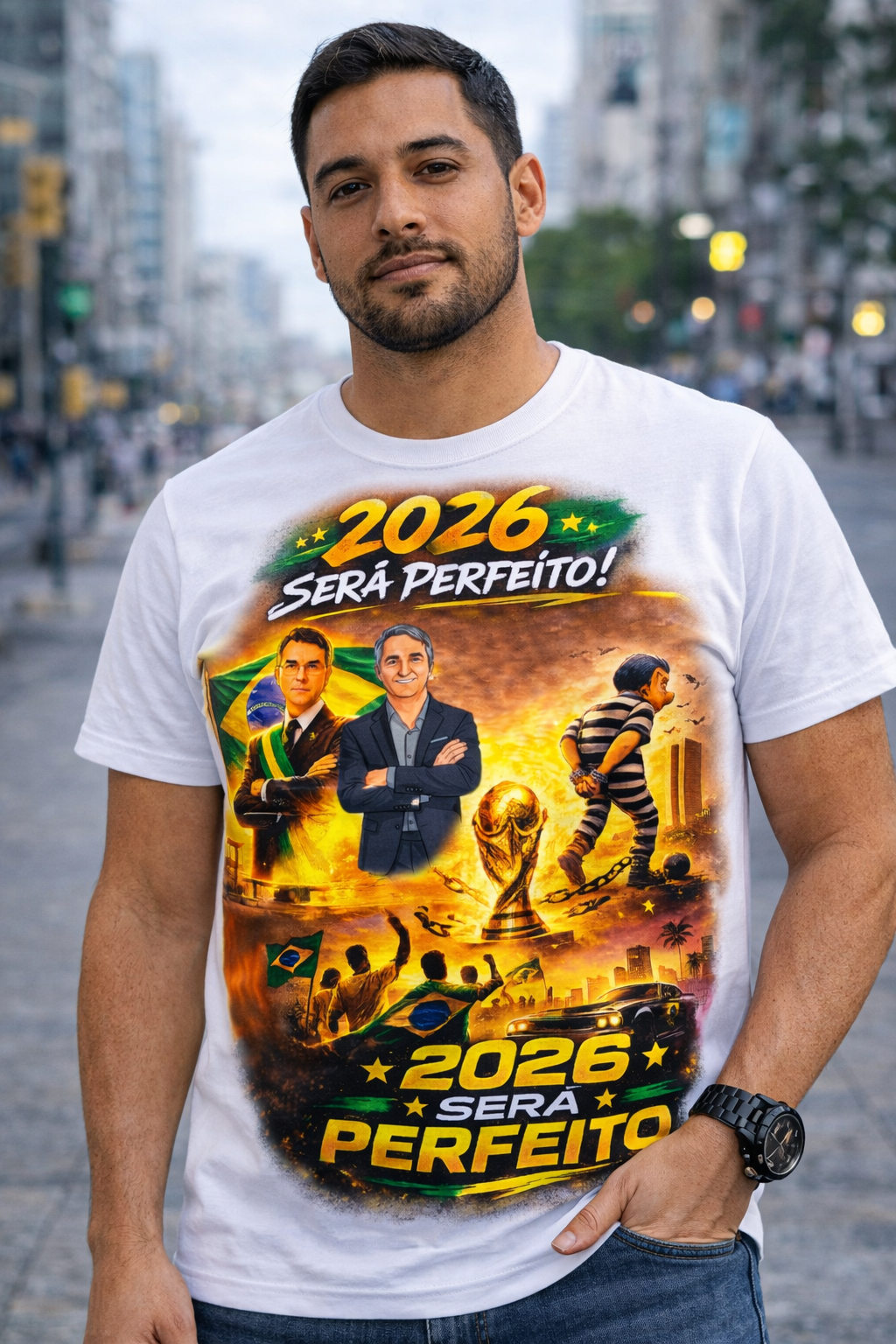 Camiseta 2026 Será Perfeito - Versão Homenagem Flávio Bolsonaro e Renato Bolsonaro + Copa do Mundo + GTA VI - Quality Unissex