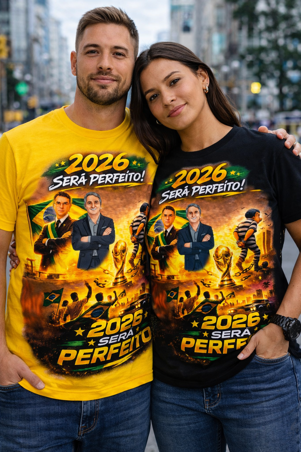 Camiseta 2026 Será Perfeito - Versão Homenagem Flávio Bolsonaro e Renato Bolsonaro + Copa do Mundo + GTA VI - Quality Unissex