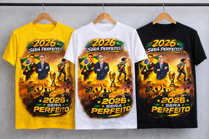 Camiseta 2026 Será Perfeito - Versão Homenagem Flávio Bolsonaro e Renato Bolsonaro + Copa do Mundo + GTA VI - Quality Unissex