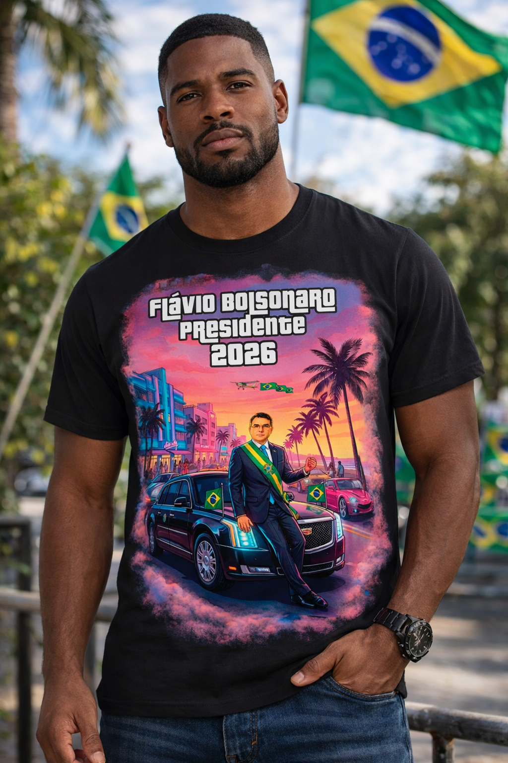 Camiseta Paródia GTA VI - Versão Homenagem Flávio Bolsonaro - Quality Unissex