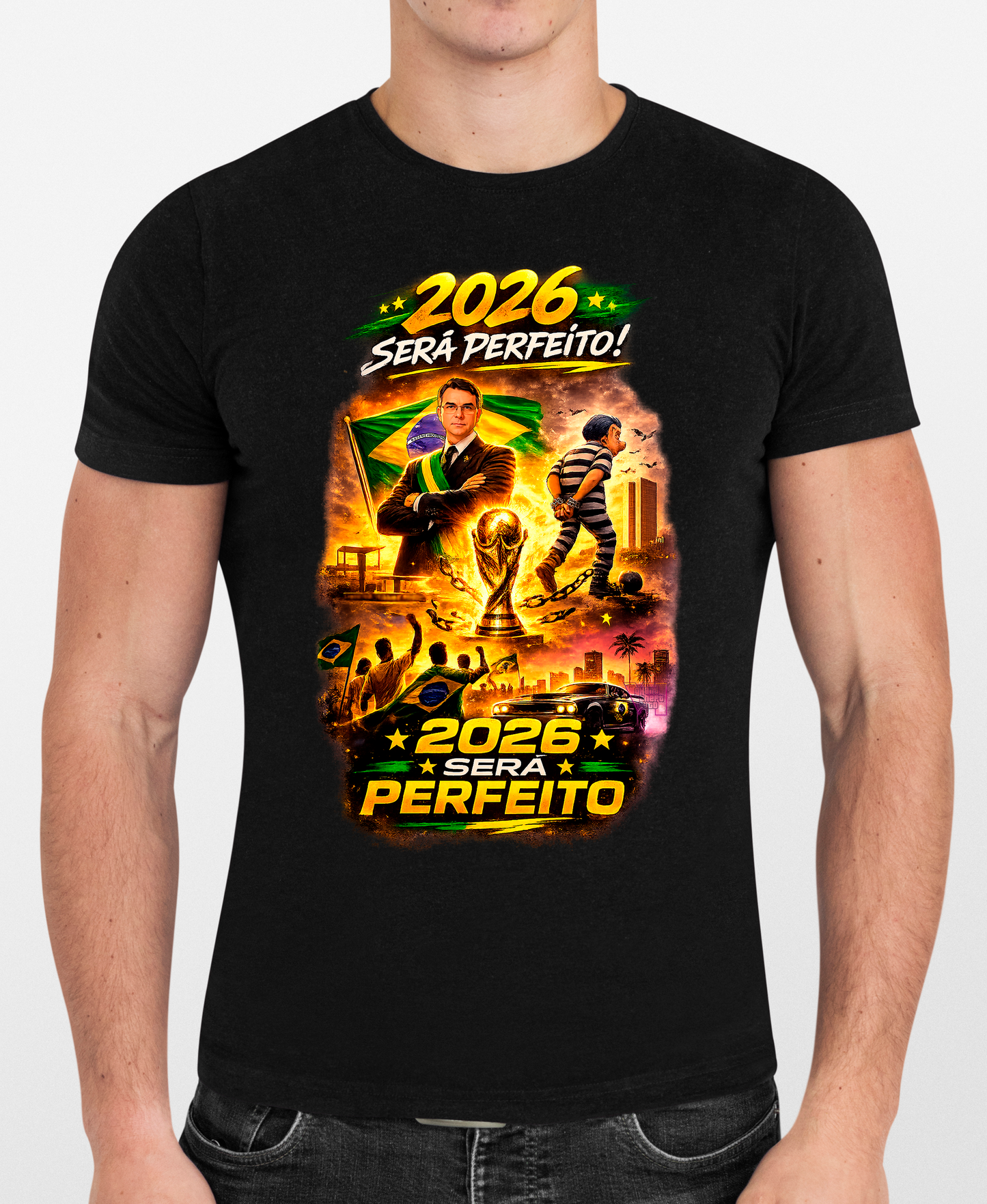 Camiseta 2026 Será Perfeito - Versão Homenagem Flávio Bolsonaro + Copa do Mundo + GTA VI - Quality Unissex