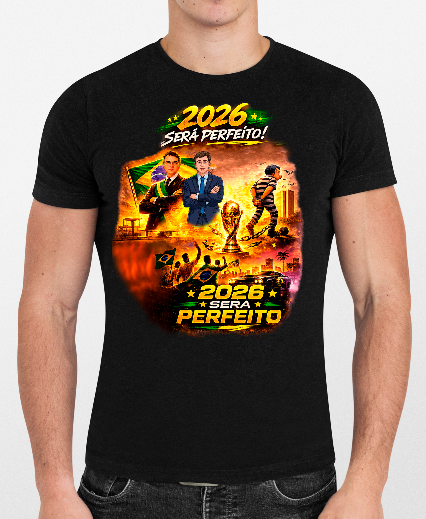 Camiseta 2026 Será Perfeito - Versão Homenagem Flávio Bolsonaro e Nikolas Ferreira + Copa do Mundo + GTA VI - Quality Unissex