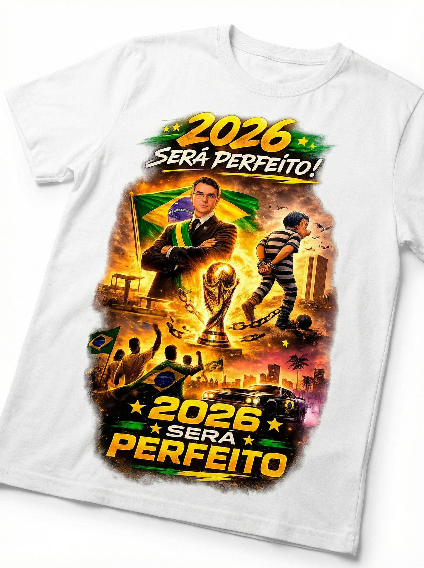 Camiseta 2026 Será Perfeito - Versão Homenagem Flávio Bolsonaro + Copa do Mundo + GTA VI - Quality Unissex